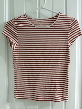 American Eagle Rust and White Ribbed Short-Sleeve Tee Sz S Y2K Asthetic